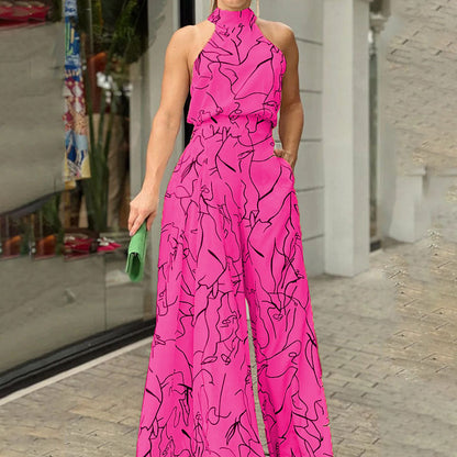 High Waist Lace up Sleeveless Halter Jumpsuit Pink