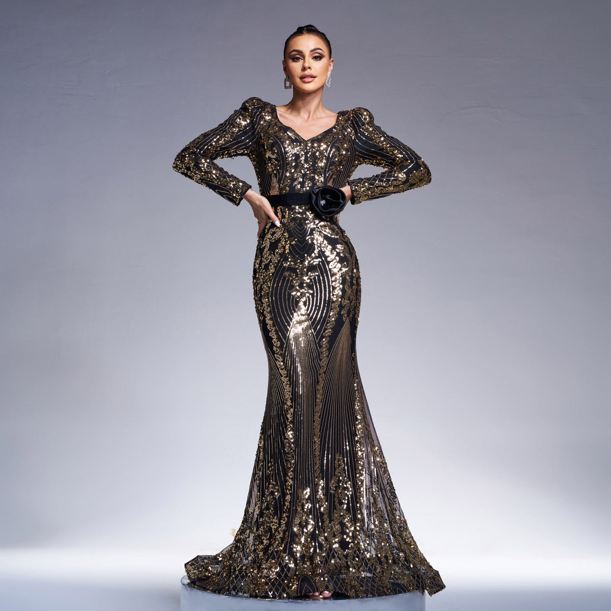 Long Sleeved Formal Dress Cocktail Sequined Black