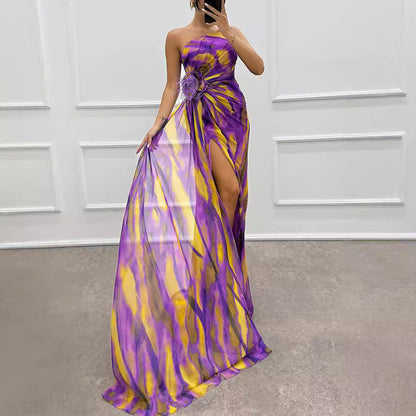 Printed Wedding Guest Dress Purple