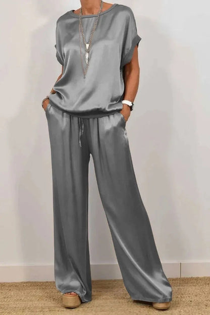 Trendy Loose Shirt & Wide Leg Pants Sets Gray