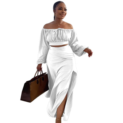 Sexy Lantern Sleeve Suit Two Piece Set White