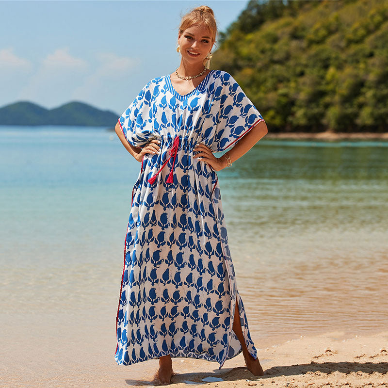 Rayon Positioning Printing Beach Cover-up Vacation Maxi Dress Sun Protection Shirt Beach Cover Up One Size Multi