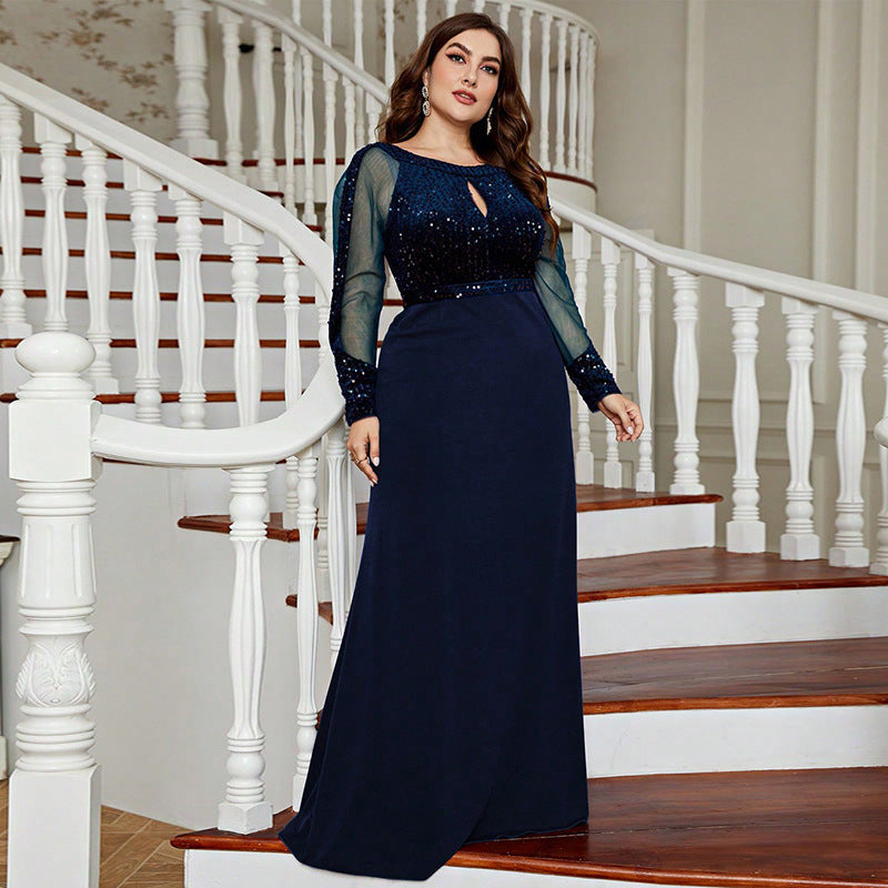 Plus Size Evening Dress Long Sleeves Gown Navy Blue