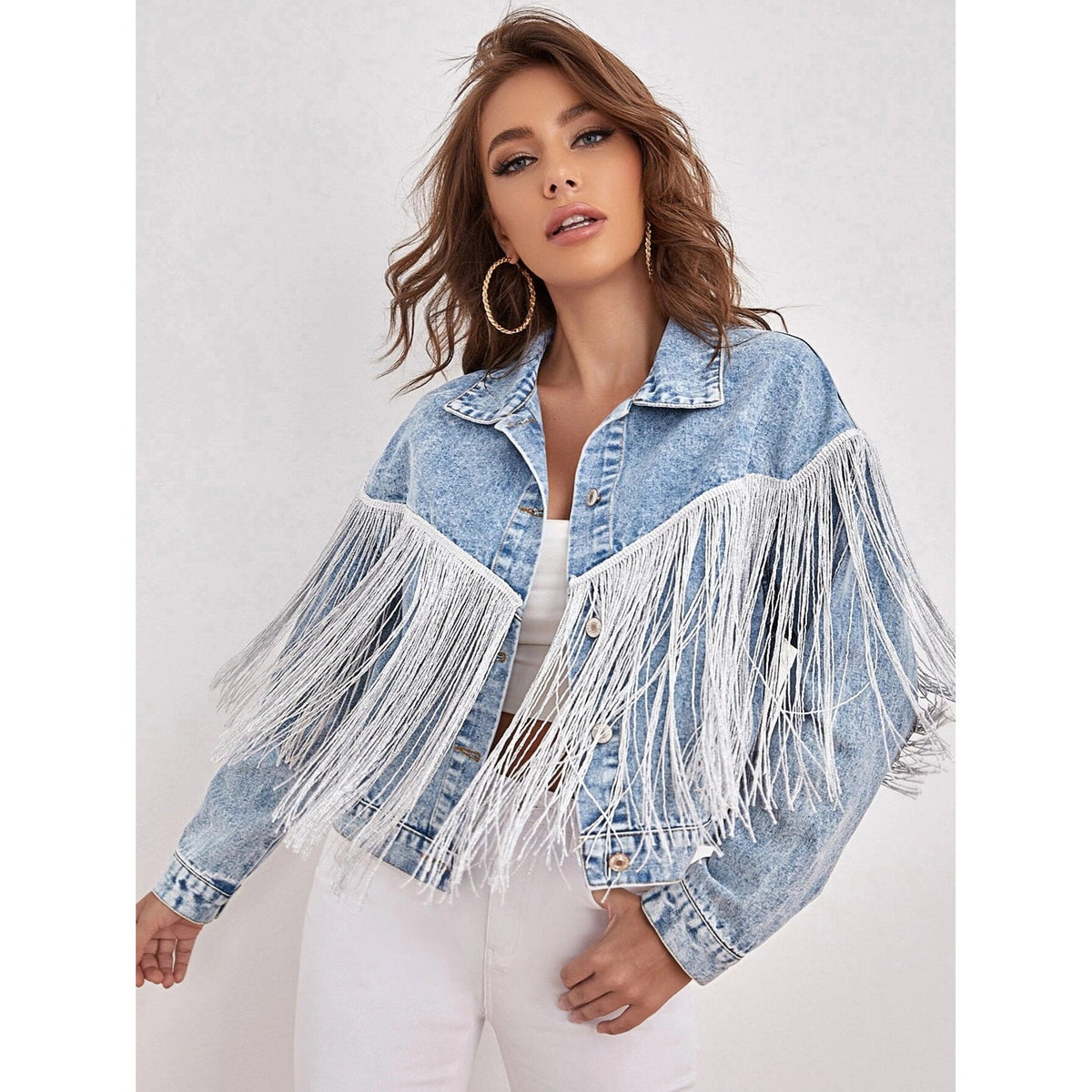 Tassel Collared Light Blue Denim Jacket