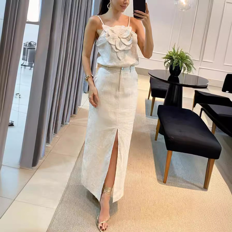 3D Floral Strap Top and Skirt Cotton Linen Set Women