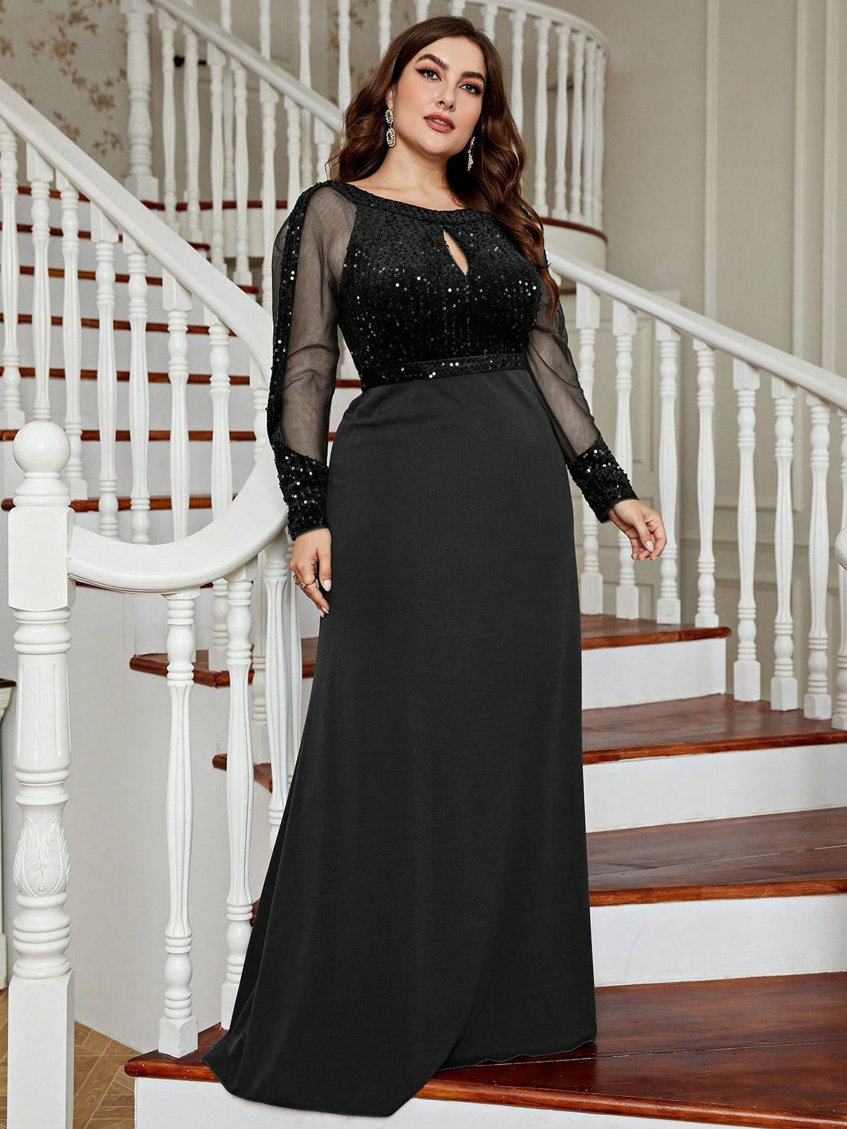 Plus Size Evening Dress Long Sleeves Gown Black