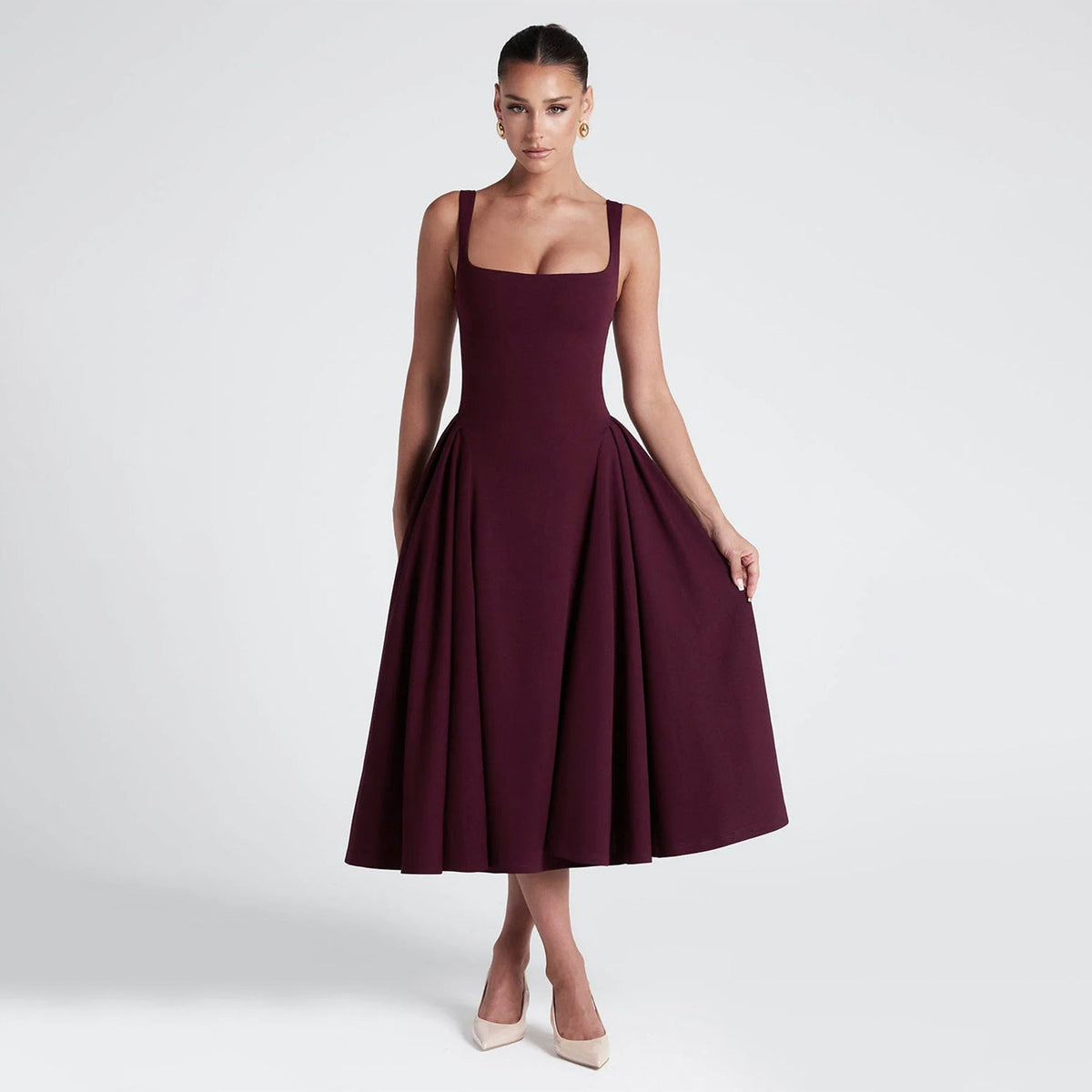 Square Collar Formal Ankle Length Dress