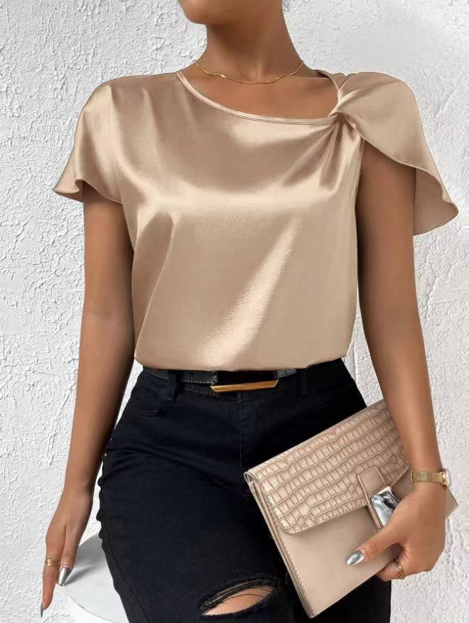 Short Sleeve Satin Twisted Solid Color Loose Fitting Top Women Gold