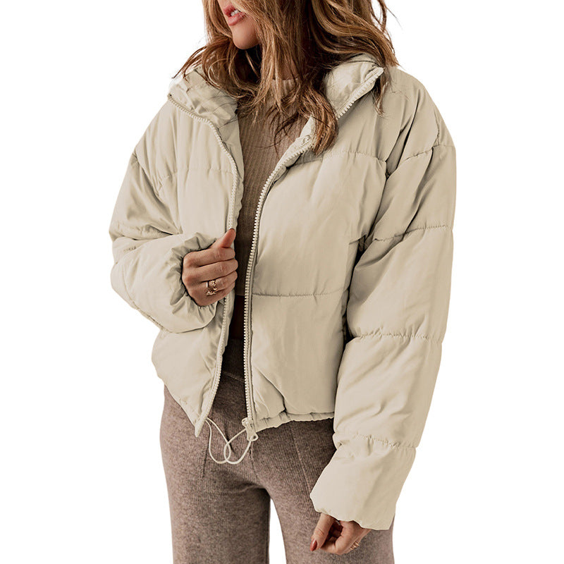 Solid Stand-Collar Thick Zipper Jacket Apricot
