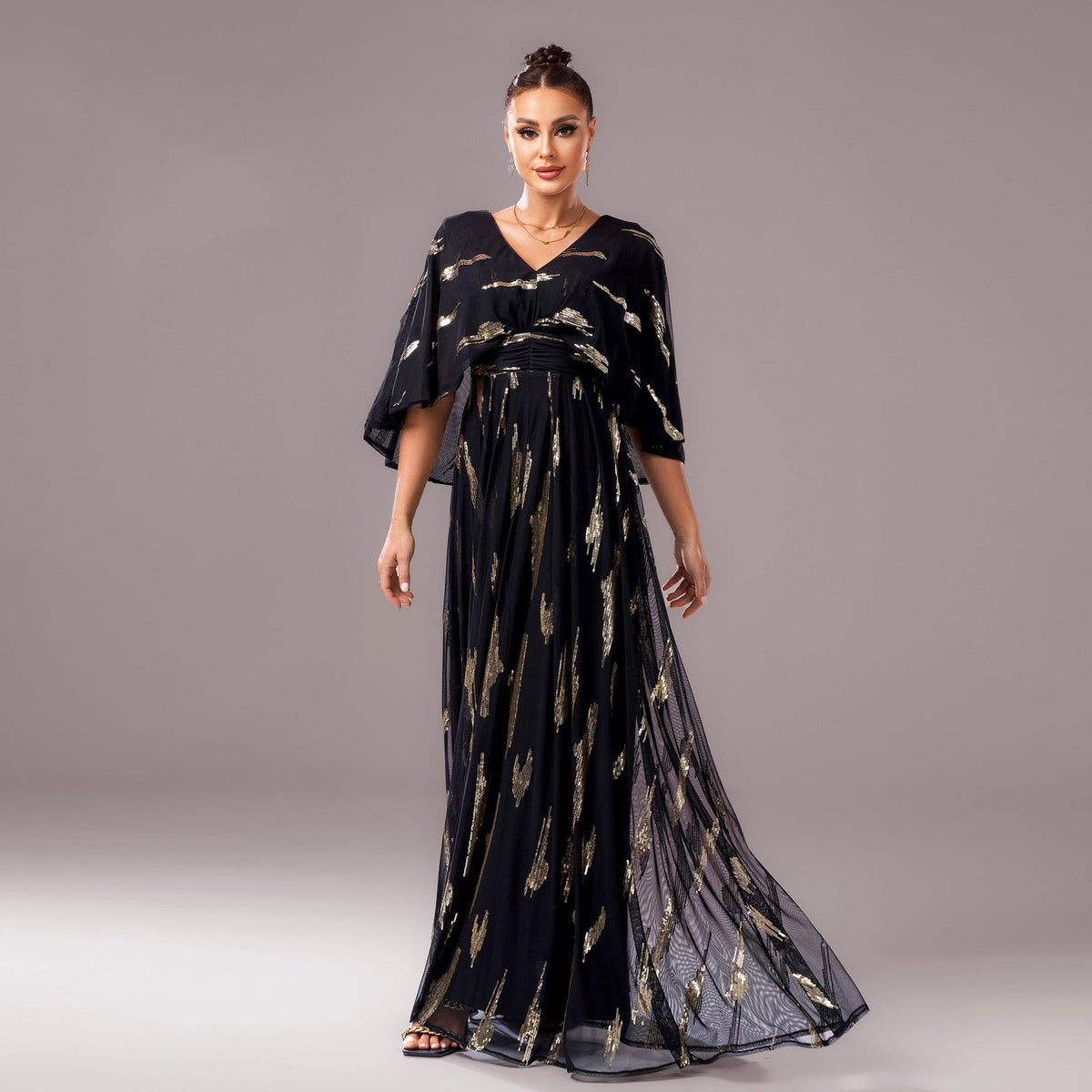 Elegant V neck Half Sleeves Evening Dress Bridesmaid Dress Black