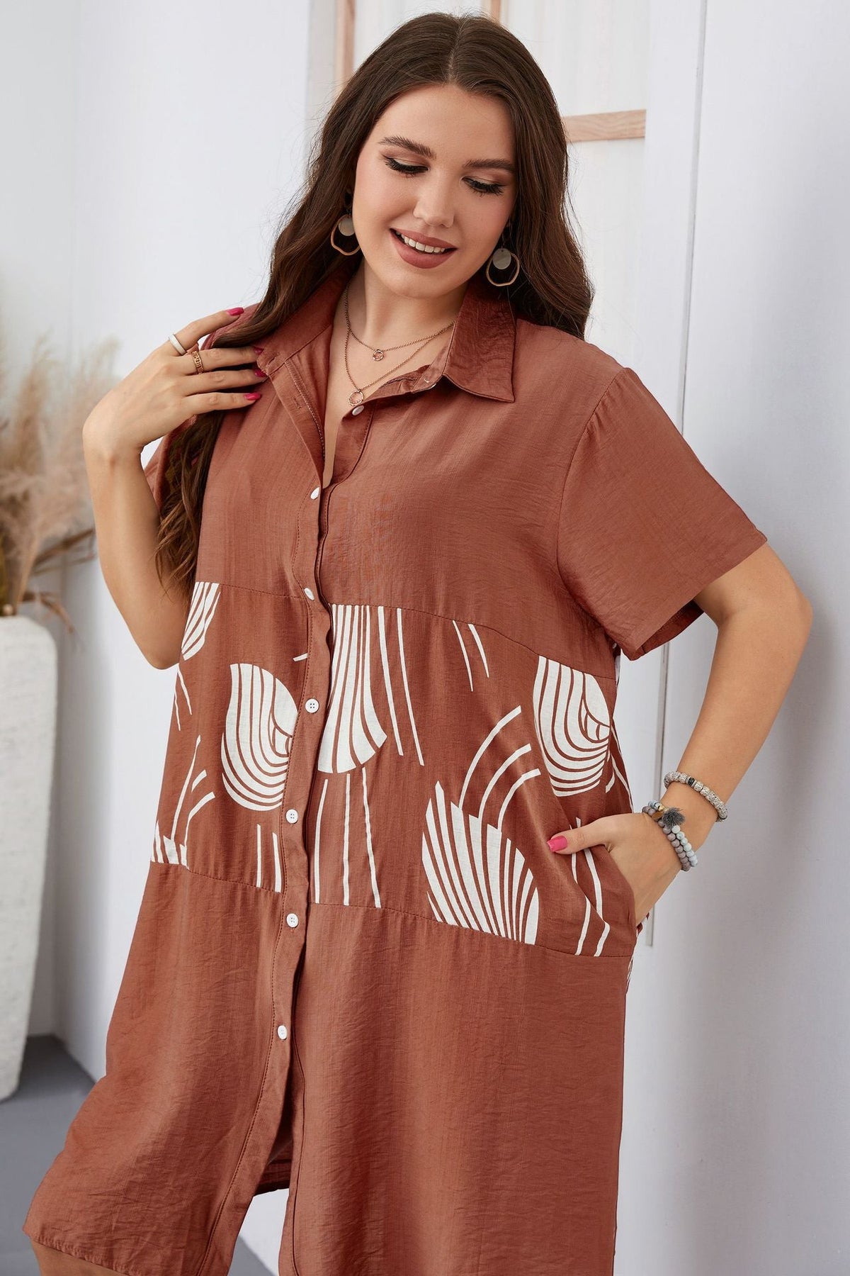 Plus Size Casual Mini Shirt Dress Red