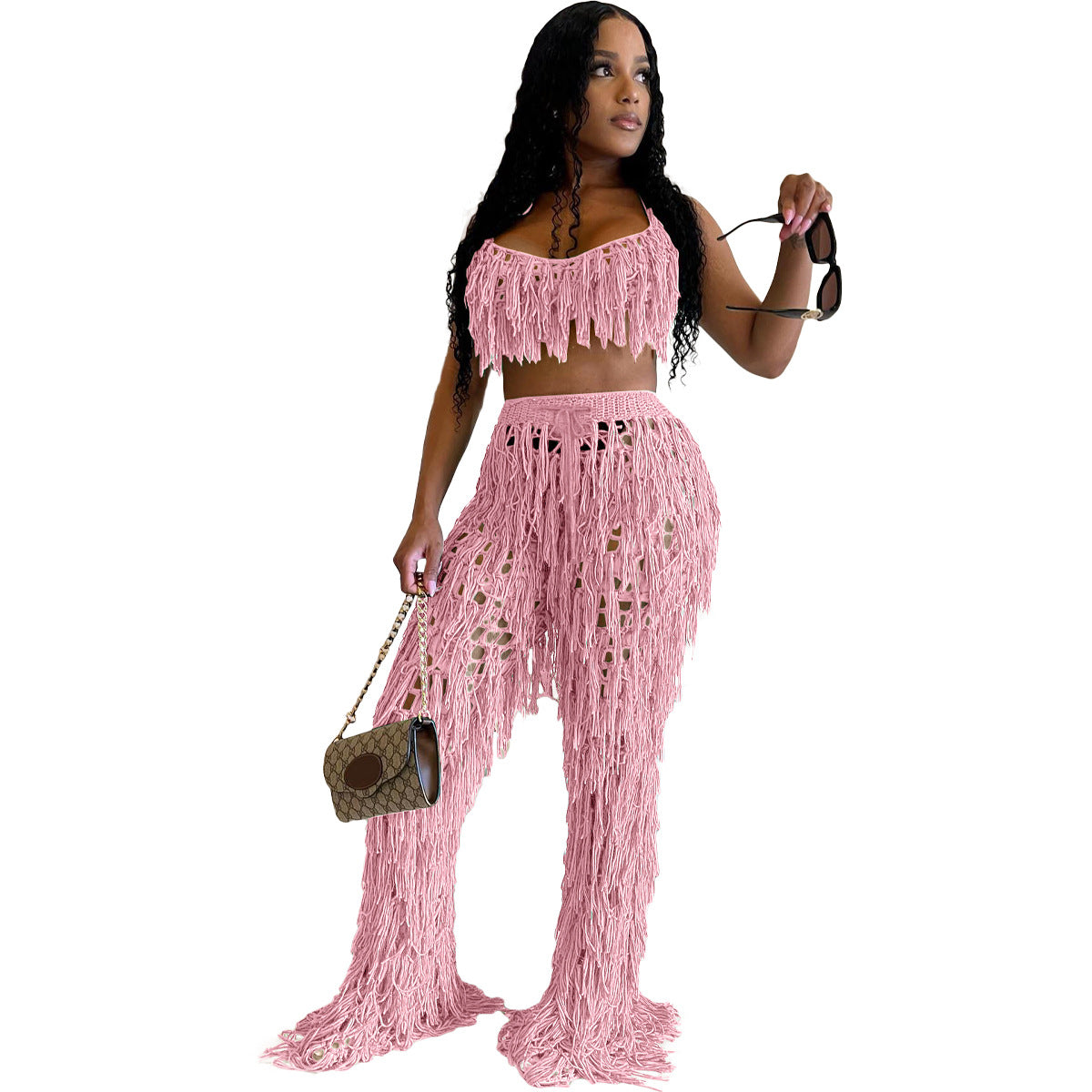 Sexy See through Crochet Tassel Beach Suit Pink
