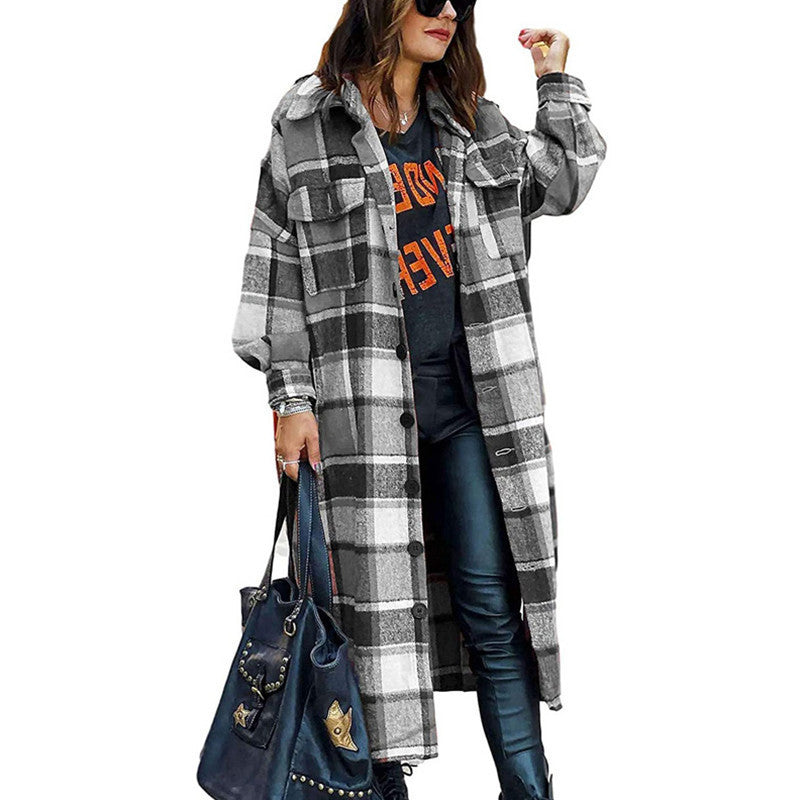 Plaid Woolen Slim Long Coat Gray