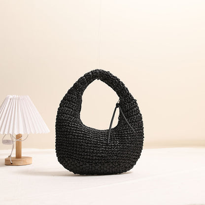 Chic Cute Versatile Handbag Hand Made with Natural Fibers One Size Moon Tassel Black