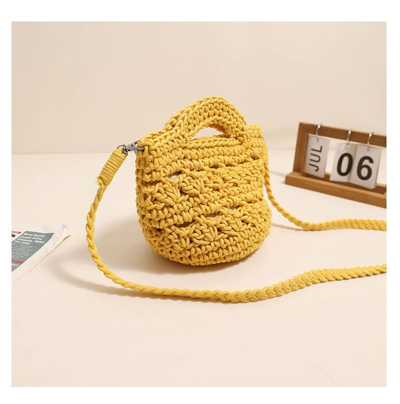 Crossbody Rope Cotton Thread Woven Bag Crochet One Size Colored Crossbody Cotton Thread Yellow without Lining