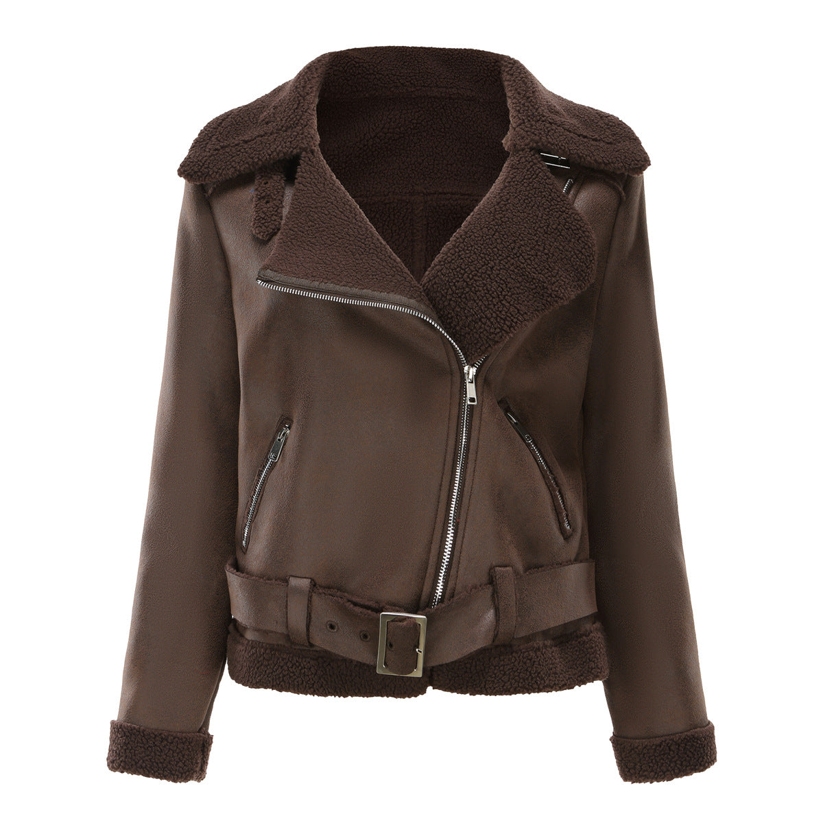 Vegan Leather Shearling Jacket Coffee