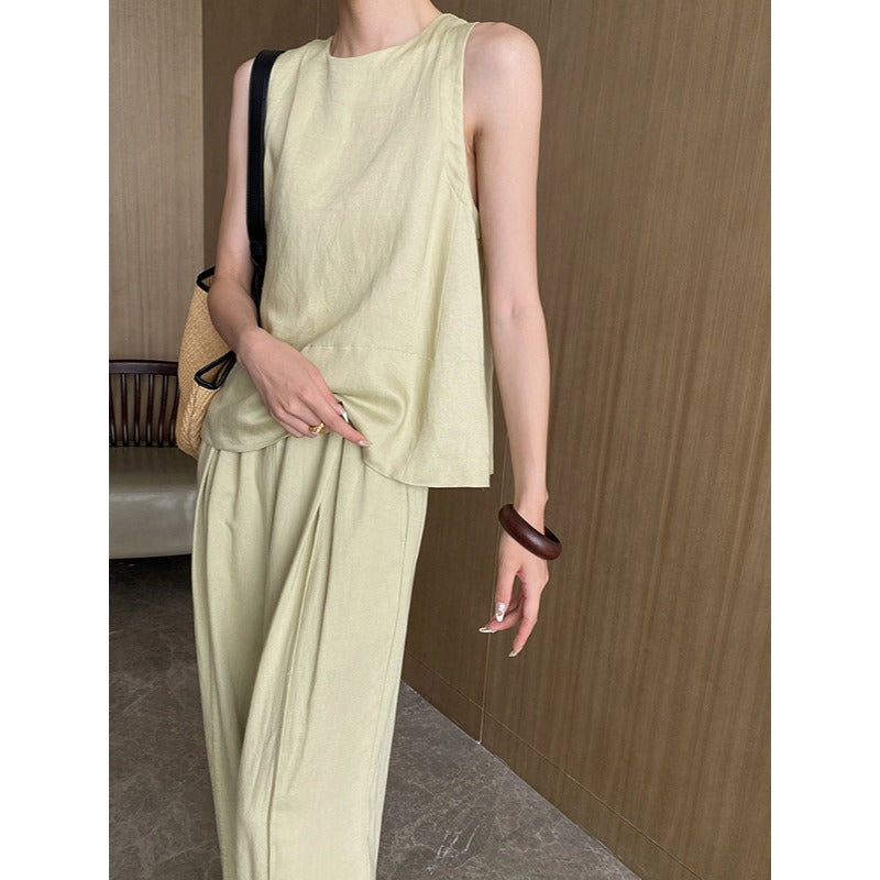 Tencel Linen Vest & Wide Leg Pant Set Light Yellow Clothes
