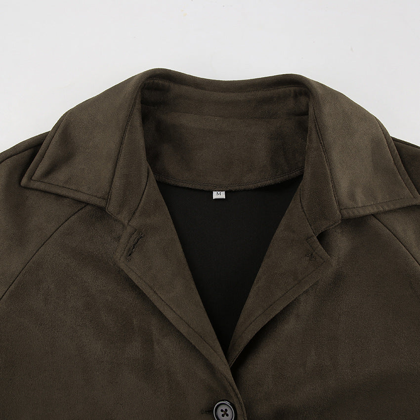 Brown Suede Long Sleeve Long Coat