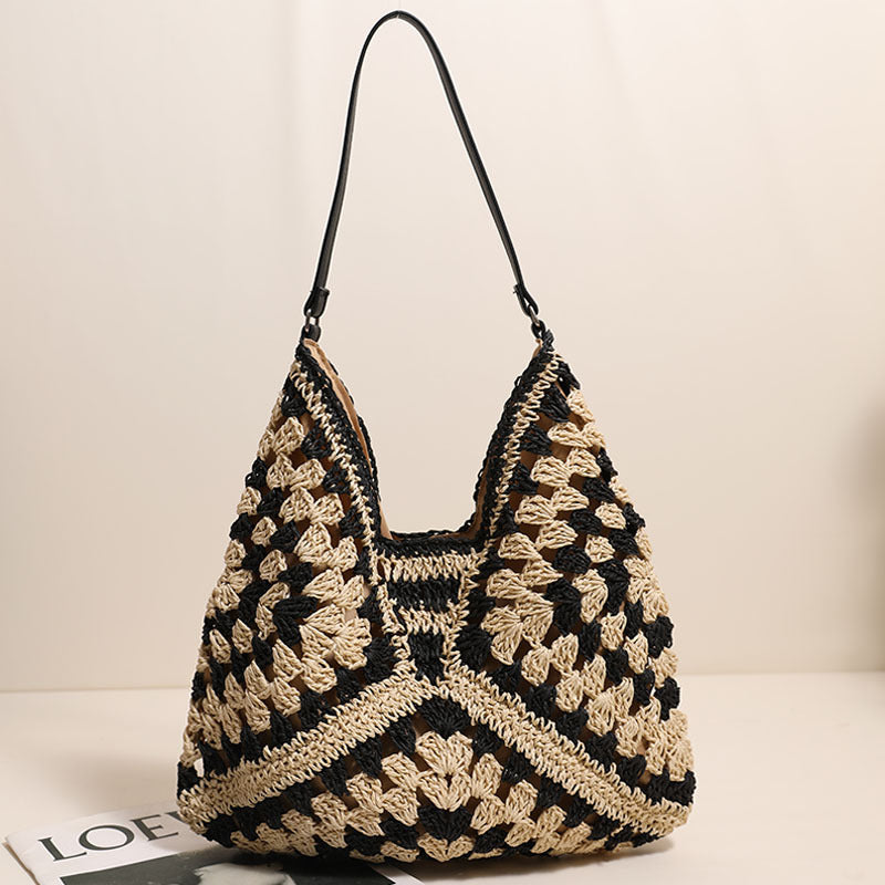Casual Natural Cotton Shoulder Bag One Size Shaped Grandmother Plaid Black