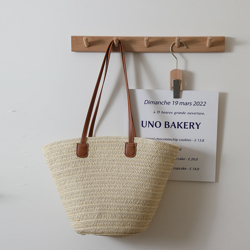 Simple Shoulder Straw Bag Large Capacity Tote Bag One Size Belt Paper Woven Beige