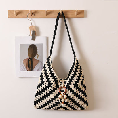 Ethnic Traditional Shoulder Bag Cotton Thread Woven Bag One Size Cotton Thread V-Shaped Grandmother Plaid Black