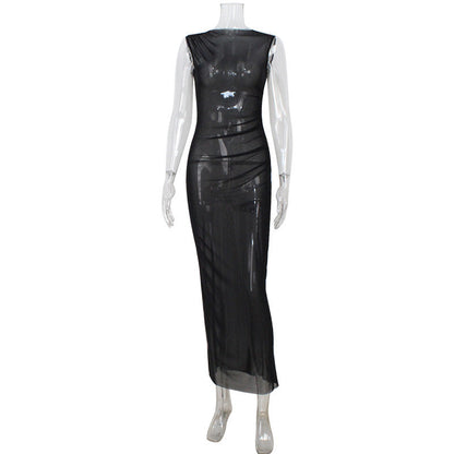 Elegant Mesh See through Sleeveless Slim Fit Sexy Gown Black[No Inner Match]
