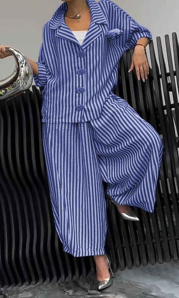 Wide Leg Pinstripe Loose Casual Sets Blue