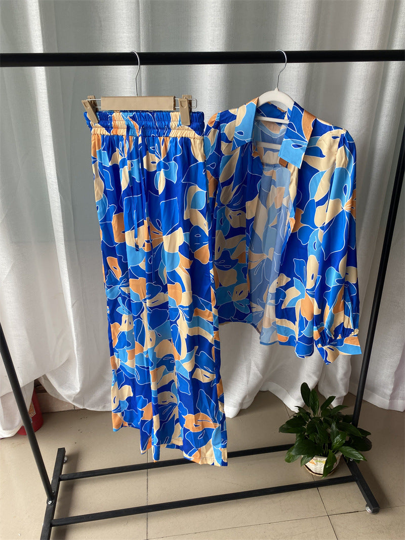 Women Clothing Printed Bubble Long Sleeve Shirt Lace Up Wide Leg Pants Two Piece Set Blue