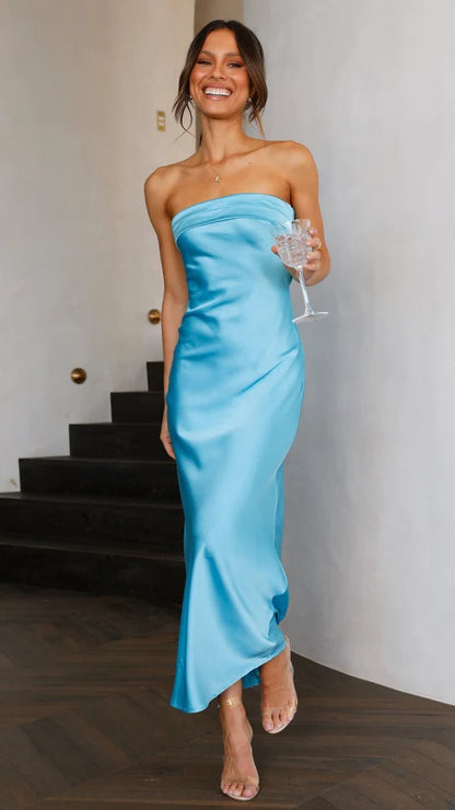 Satin Open Back Strapless Dress skyblue