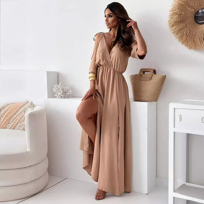 Solid Color Sexy Mid Length Dress Camel