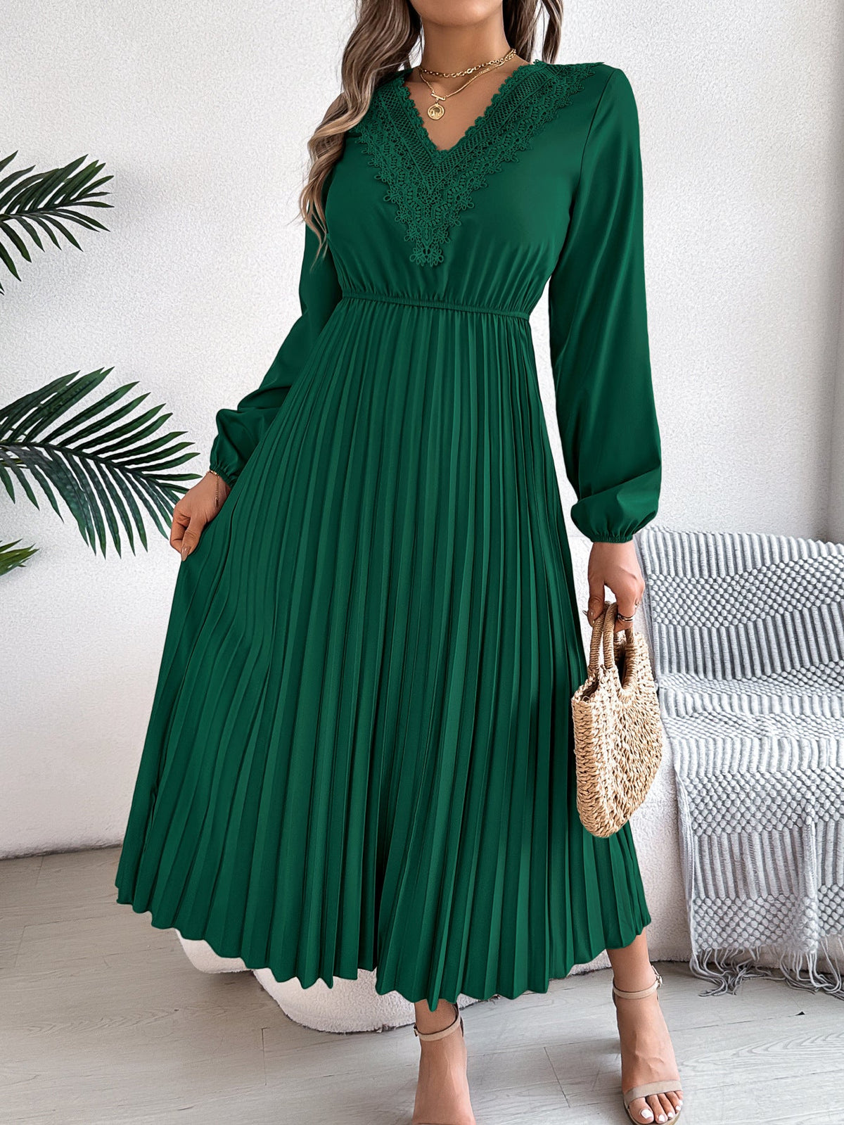 Elegant V neck Lace Pleated Versatile Dress blackish green