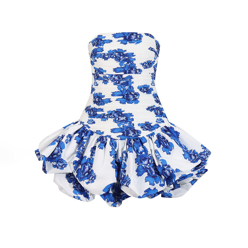 Tube Top High Waist Pleated Dress Women Blue Printing