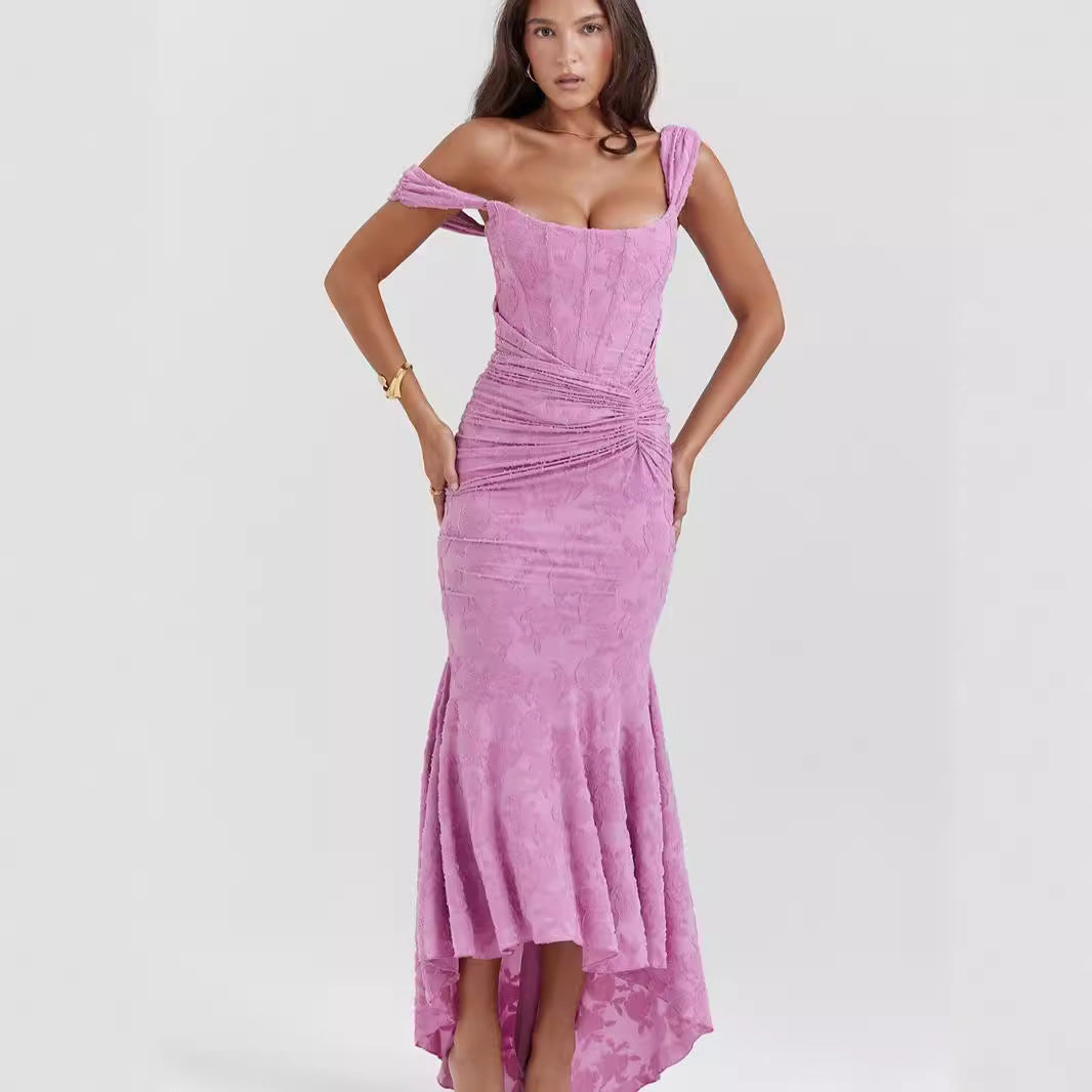Square Collar Jacquard Pleated Sleeveless Cami Dress
