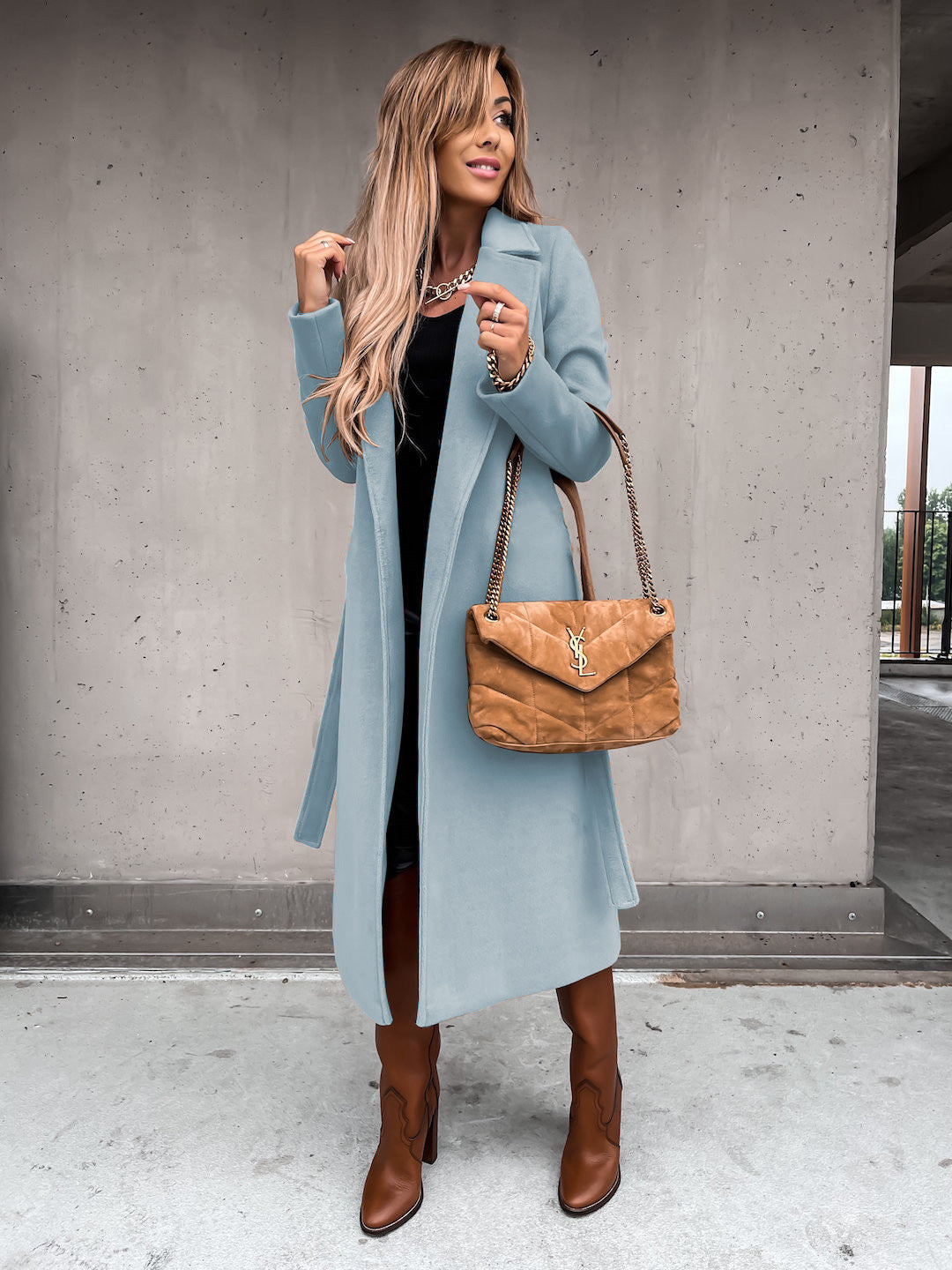 Solid Color Woolen Long Sleeve Trench Coat