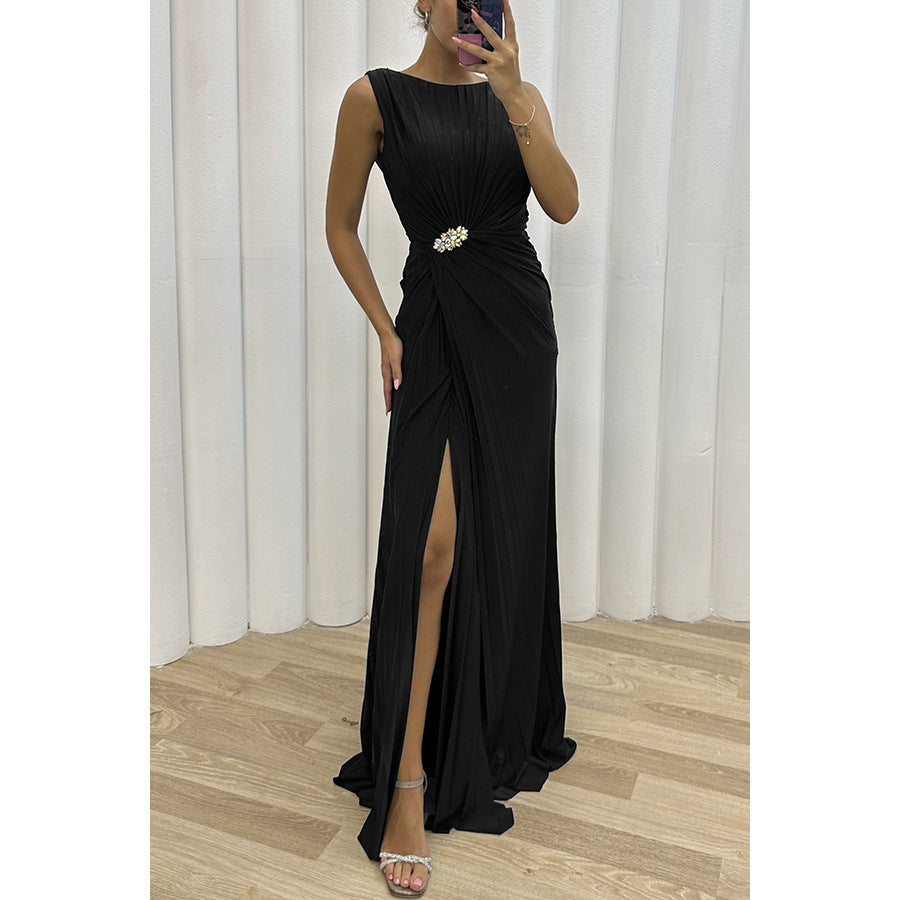 Pleated Split Evening Dress Women Black