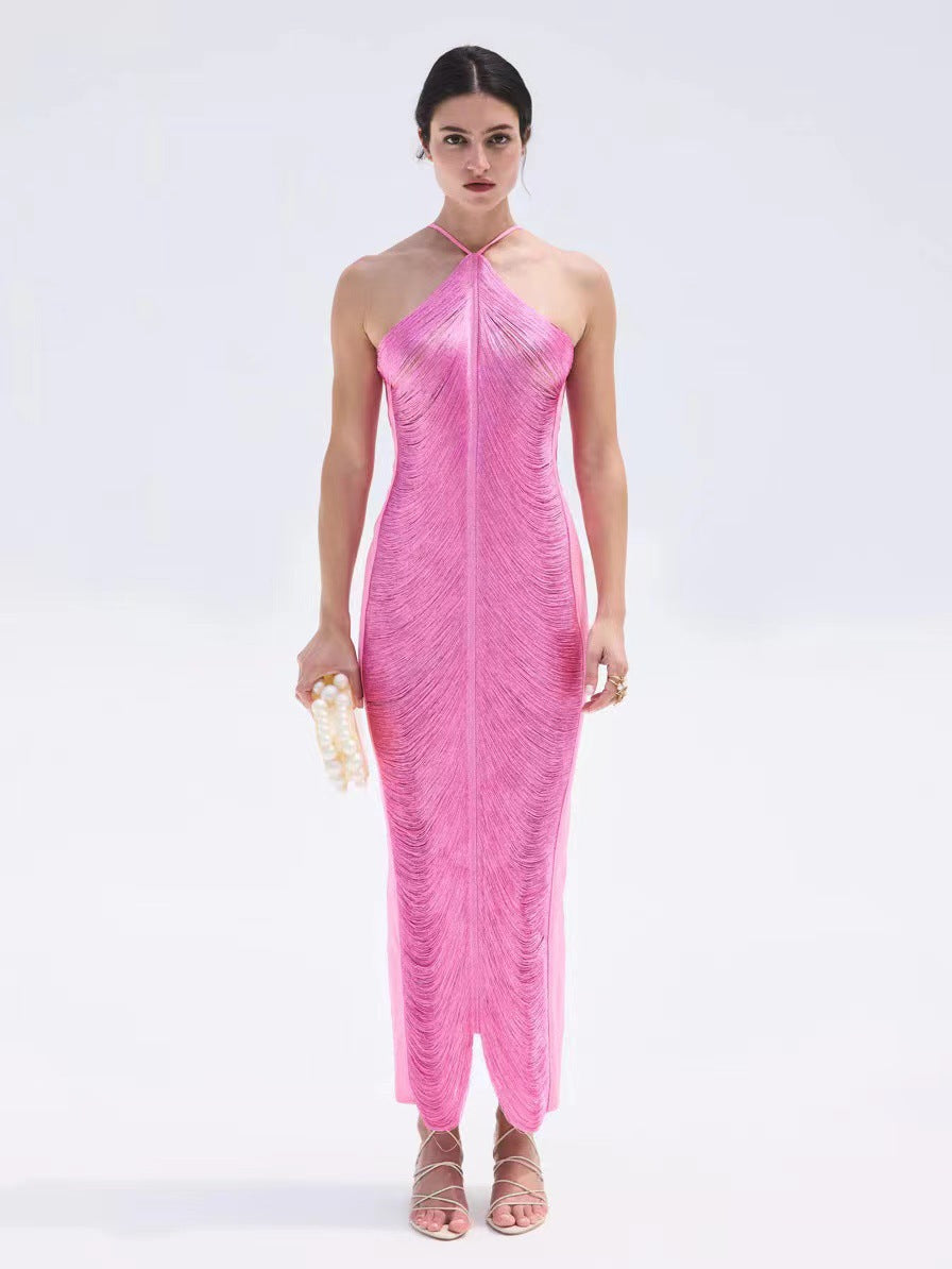 Tassel Back Slit Halter Dress S Pink