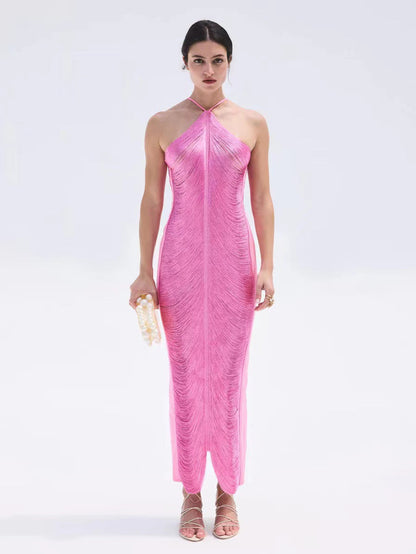 Tassel Back Slit Halter Dress S Pink