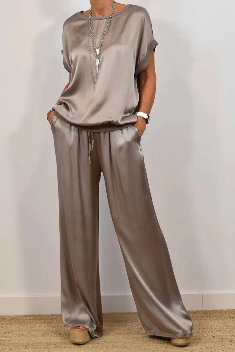 Trendy Loose Shirt & Wide Leg Pants Sets Dark Grey