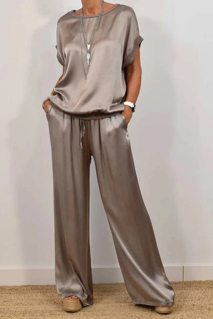 Trendy Loose Shirt & Wide Leg Pants Sets Dark Grey