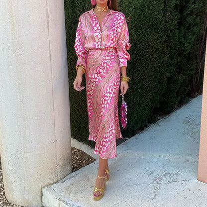 Summer Arrival Women Printed Elegant Collared Long Sleeve Shirt High Waisted Skirt Set Pink