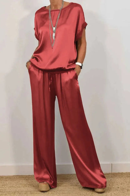 Trendy Loose Shirt & Wide Leg Pants Sets Red