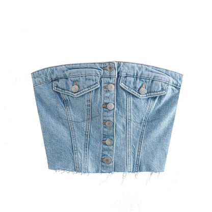 Gina Slim Fit Denim Tube Top Vest Blue