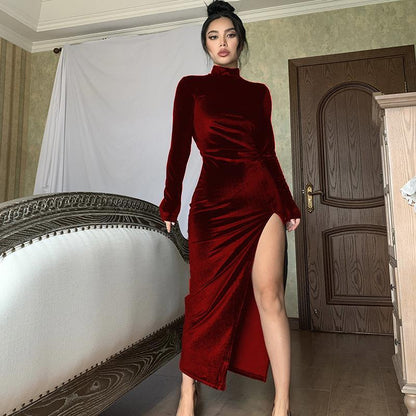 High Neck Pleated Split Party Dress Red