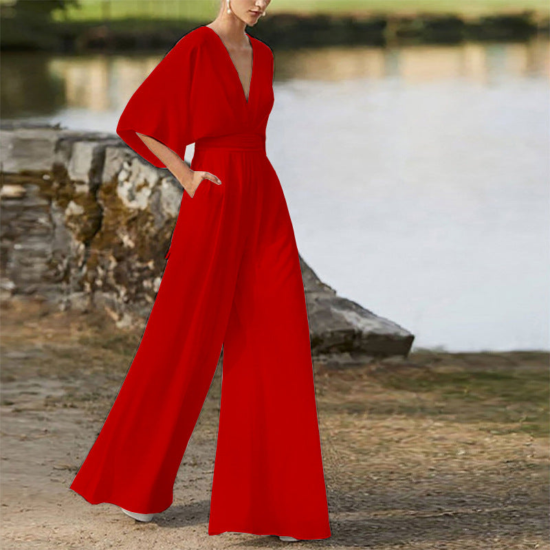 Deep V Plunge High Waist Wide Leg Trousers Red
