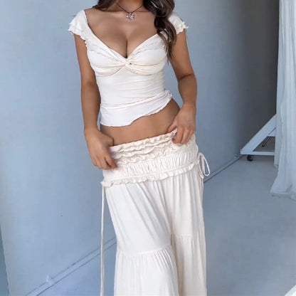 Sexy Cropped Low Cut Short Pleated Skirt Set