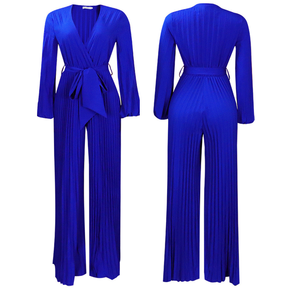 Summer V neck Pleated Wide Leg Jumpsuit Blue