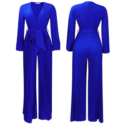 Summer V neck Pleated Wide Leg Jumpsuit Blue