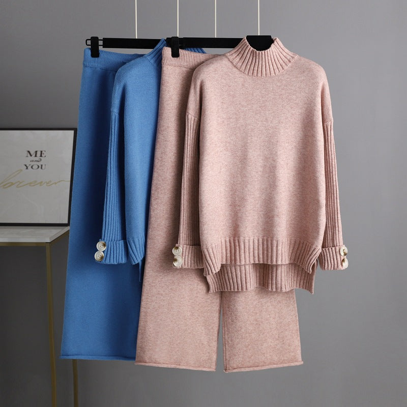 High Collar Solid Knit Set