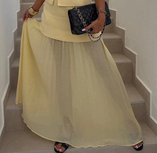 Spring Summer Knitted Stitching Vest Set Casual Vacation Loose Skirt Women Apricot Skirt