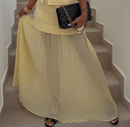 Spring Summer Knitted Stitching Vest Set Casual Vacation Loose Skirt Women Apricot Skirt